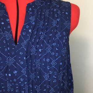 Navy Blue Patterned Dress with Pintuck Detail